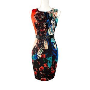 Bisou Bison Michelle Bohbot Women's Floral Orange Black Leather Dress, Size 8